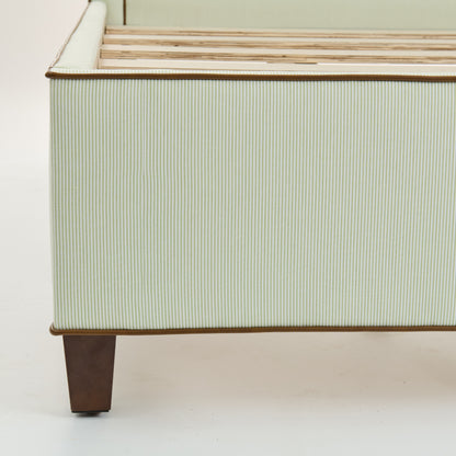 The Lorraine Queen Platform Bed - Striped Green & White Fabric - Leather Trim