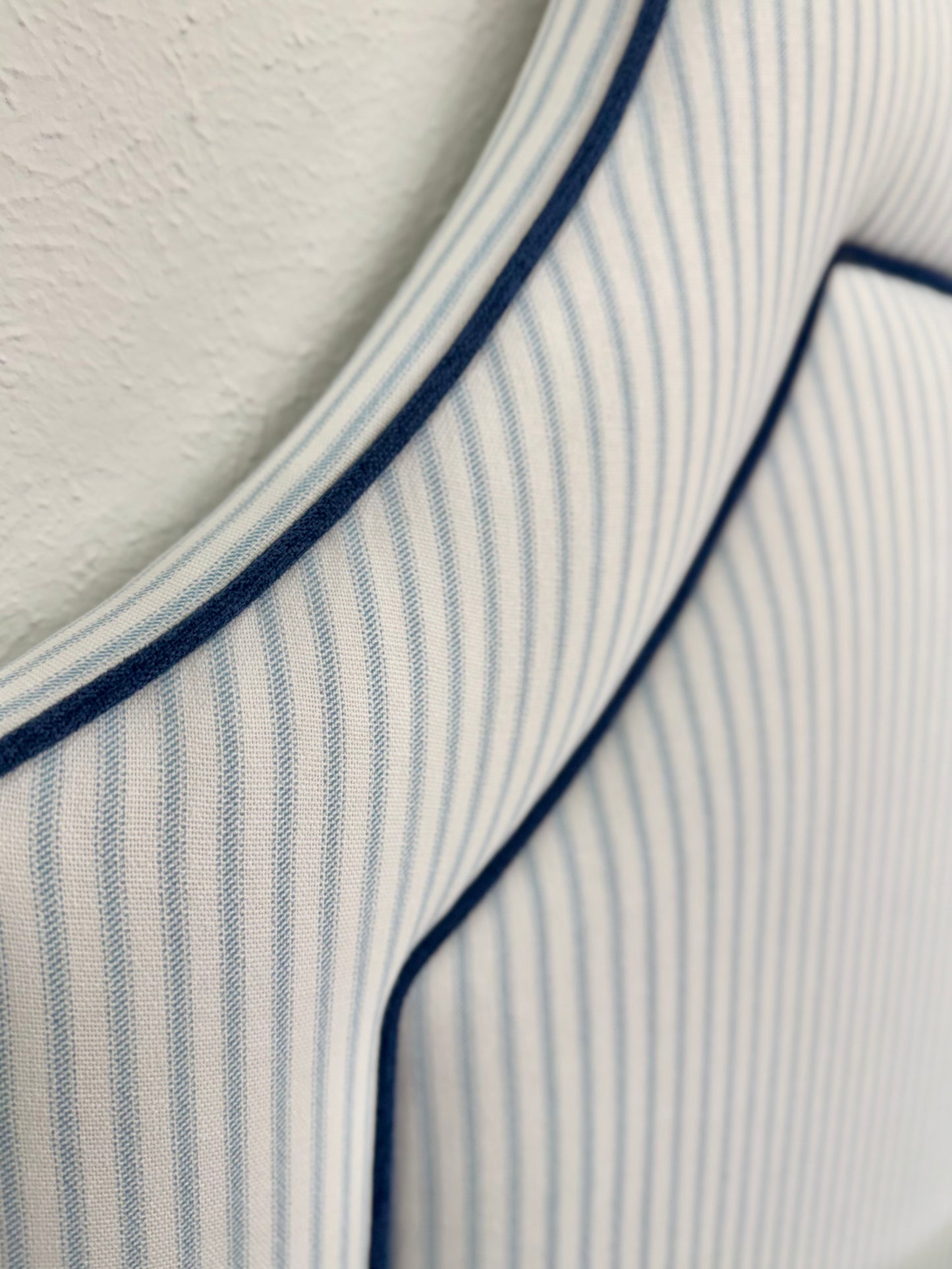 The Addison Twin Headboard - Classic Blue Ticking Stripe Fabric - Navy Trim