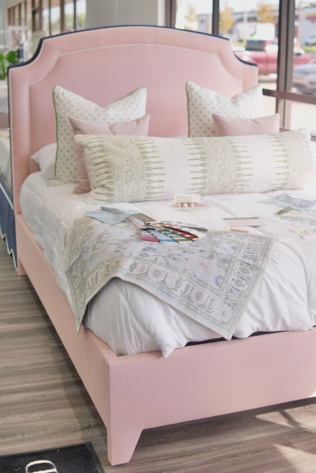 60”H Queen Platform Bed in our Blush Pink Linen with White Trim — In-stock now.