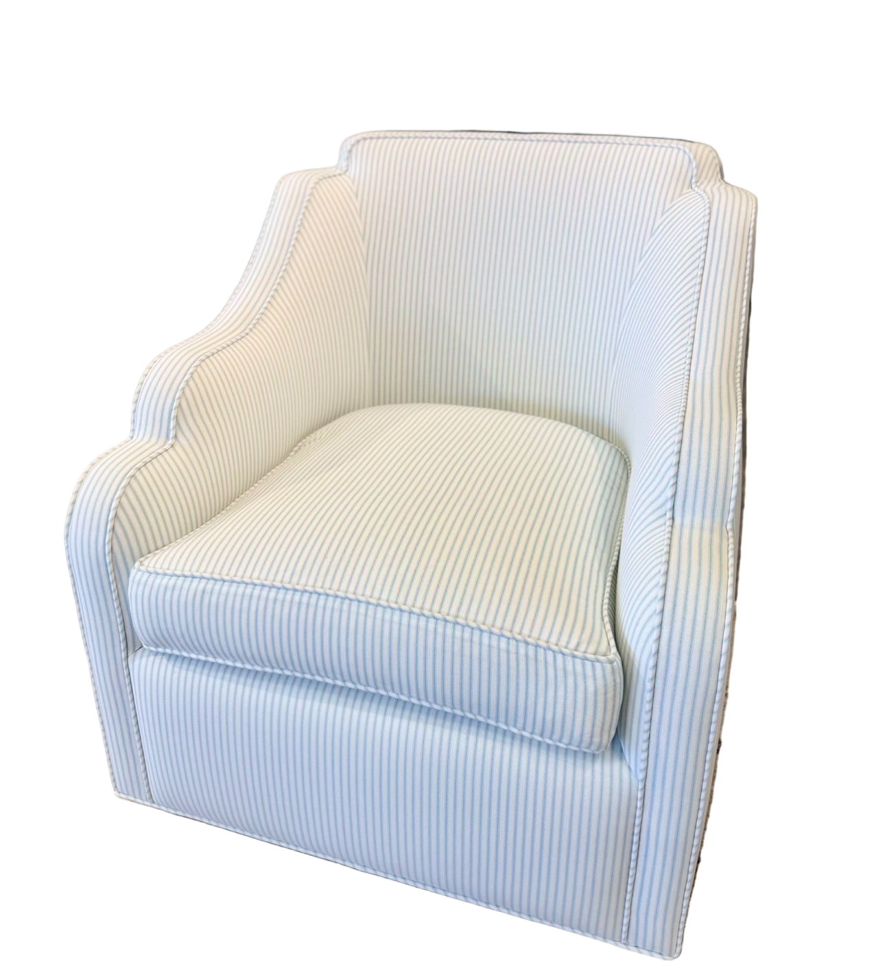 Custom Scalloped Swivel Chair: Classic Blue Stripe Fabric
