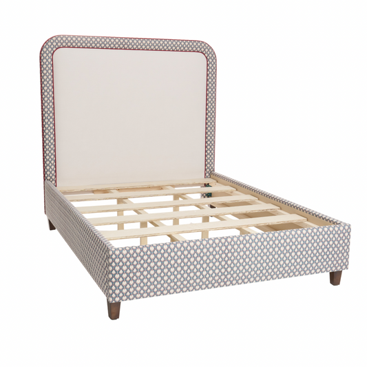 The Lorraine Queen Bed - Patterned Fabric - Red Trim