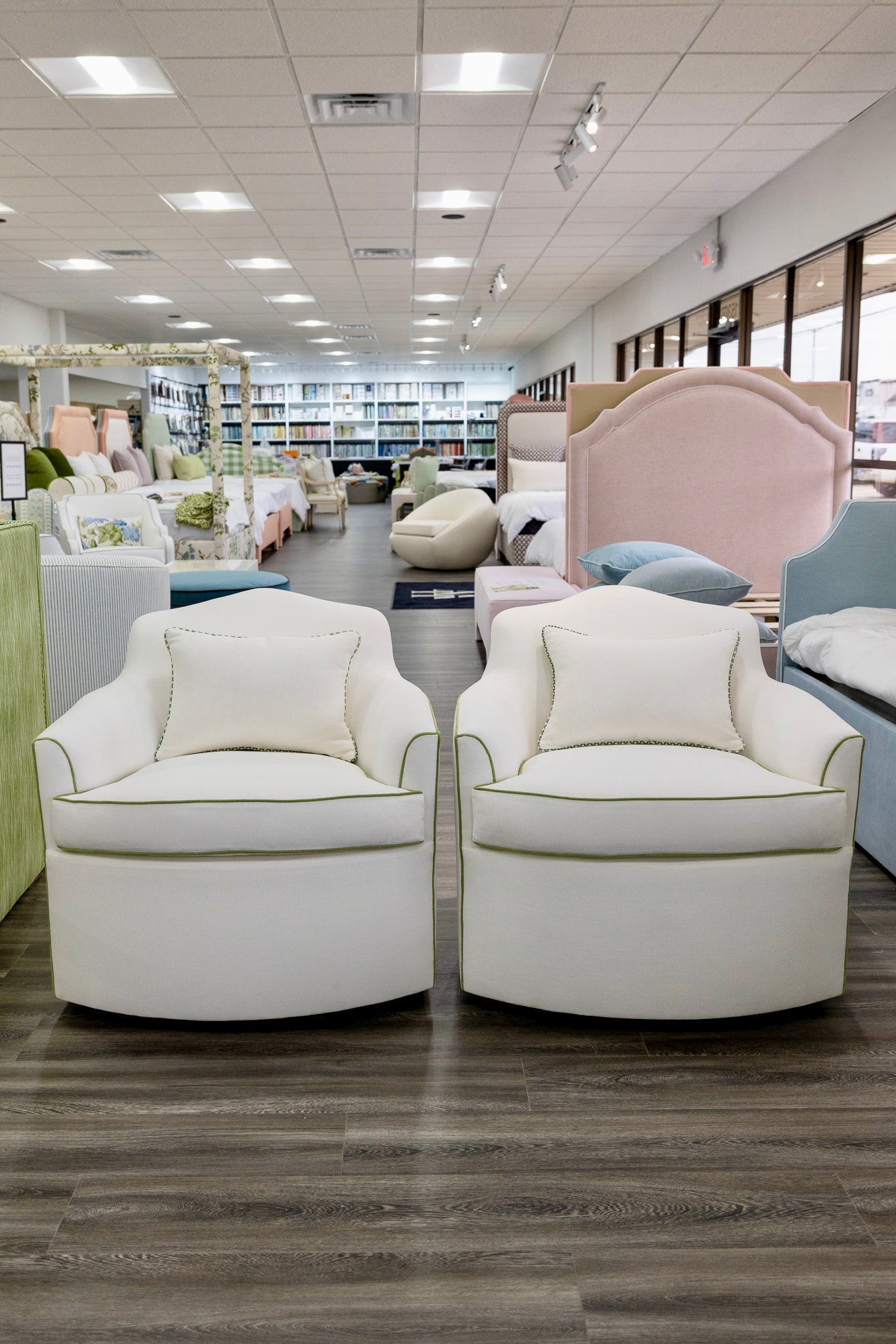 The Scarlett Swivel Chair: Crypton Off-White Fabric - Green Trim