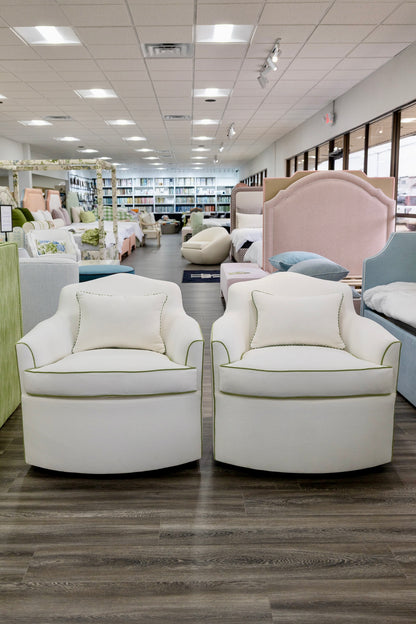 The Scarlett Swivel Chair: Crypton Off-White Fabric - Green Trim