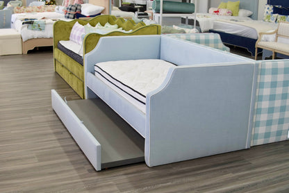 Twin Trundle Daybed - Sky Blue Woven Fabric with White Trim