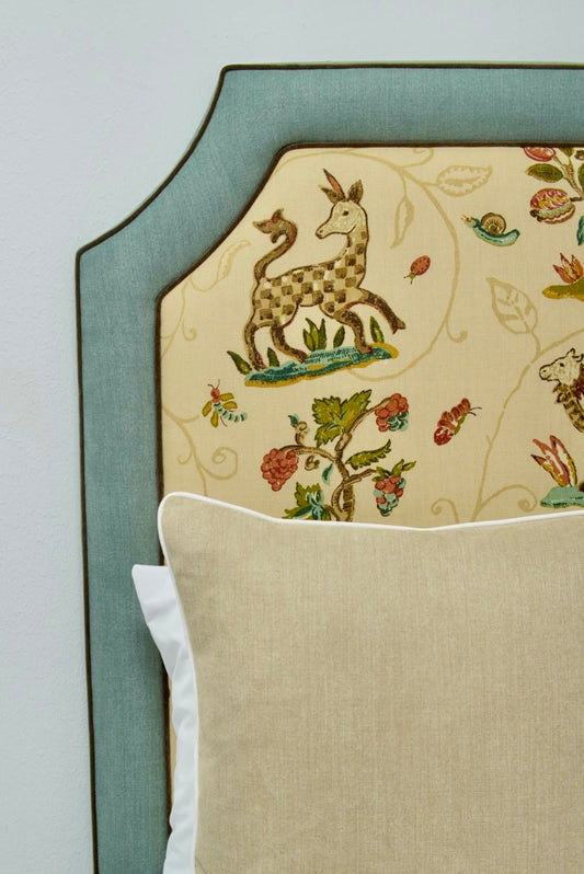 65”H Twin Headboard only - La Menagerie Schumacher - Sage Green Fabric with Brown Trim