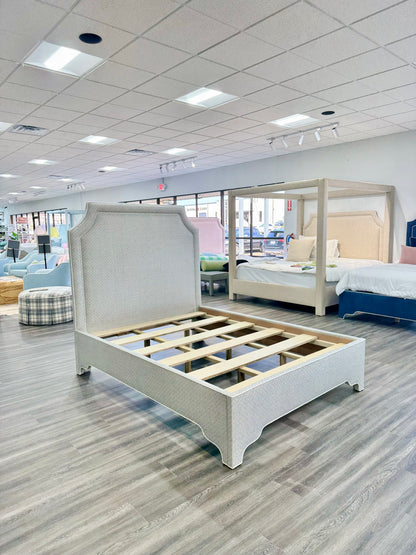 The Addison Queen Bed - Geometric Grey Fabric - White Trim