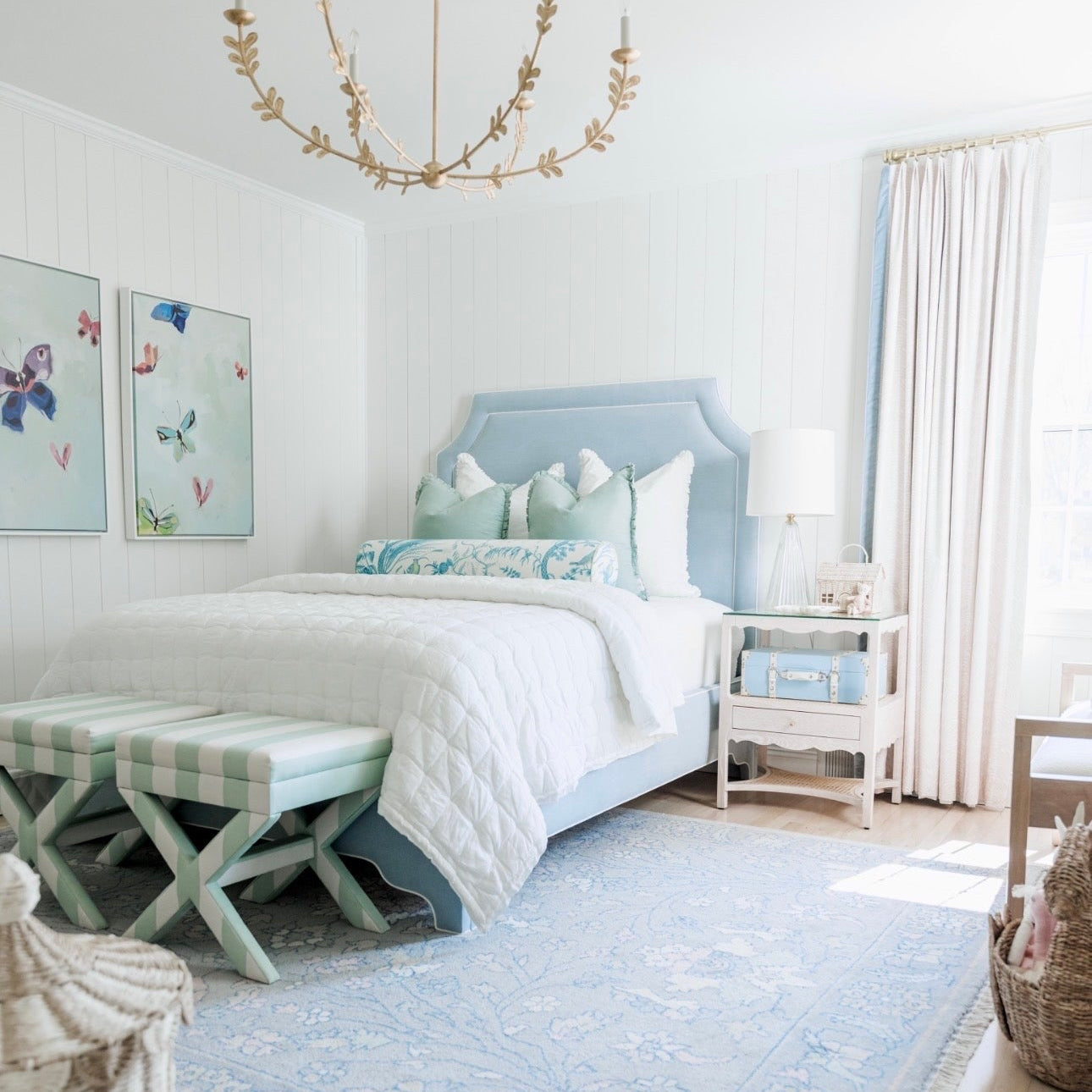 65”H Queen Upholstered Platform Bed - Scalloped Legs - Sky Blue Woven Fabric with White Trim