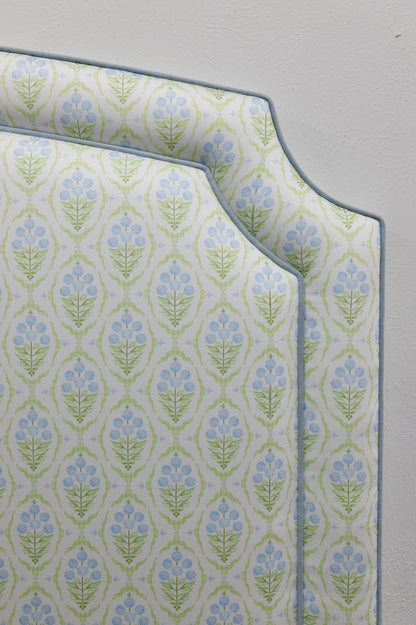 The Aliana Queen Headboard - Blue and Green Satin Fabric - Blue Trim