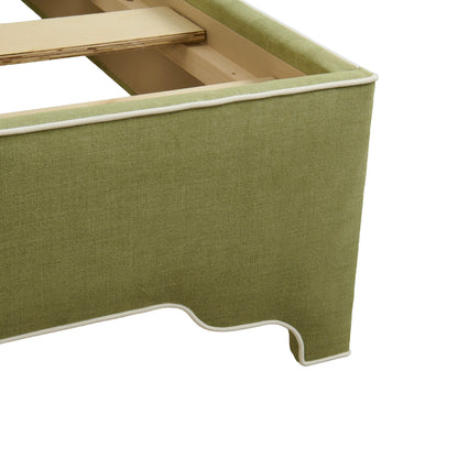 The Addison King Bed - Scalloped Legs - Pistachio Green Woven Fabric - White Trim