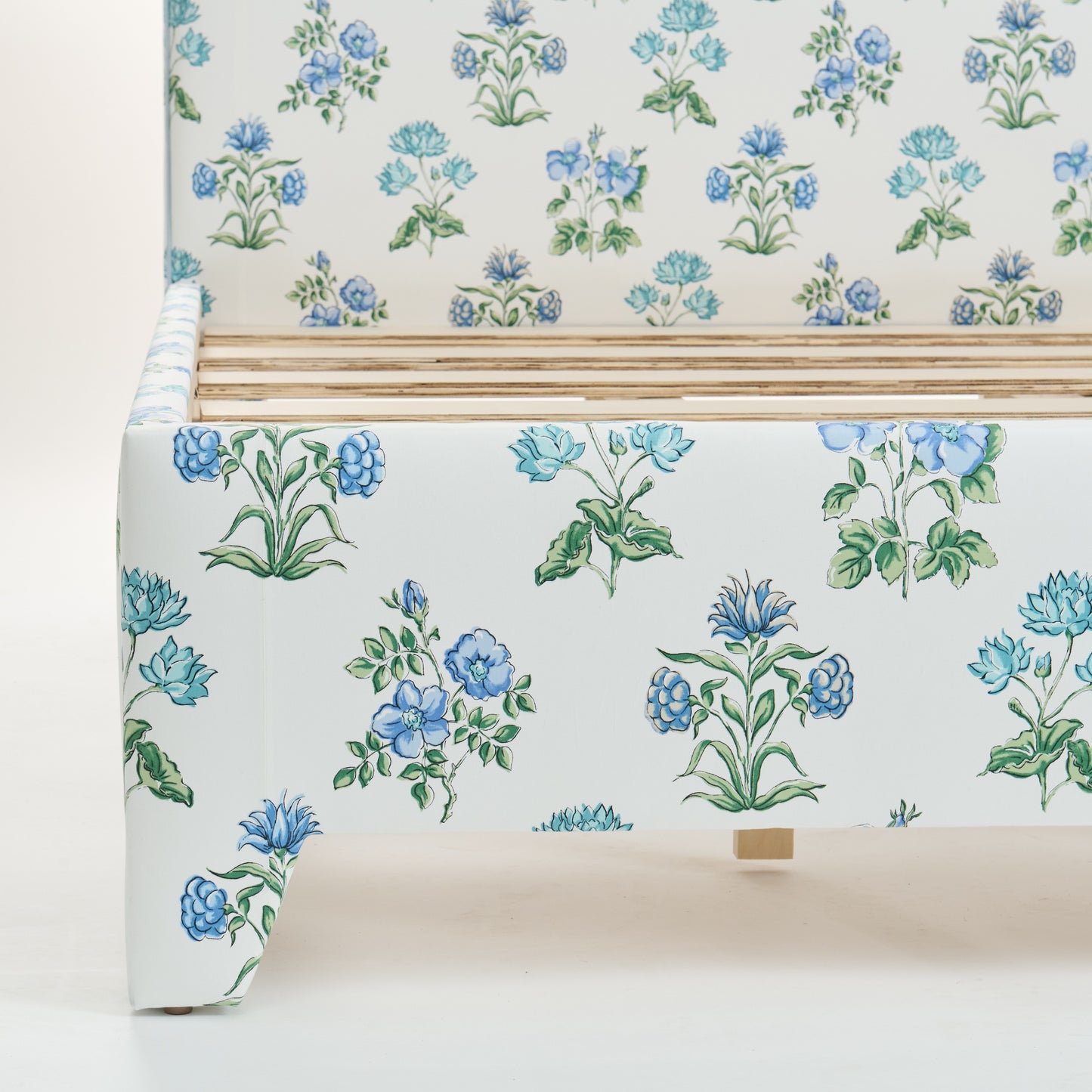 65”H Queen Upholstered Platform Bed - Fabricut Floral Fabric - Sky Blue Trim