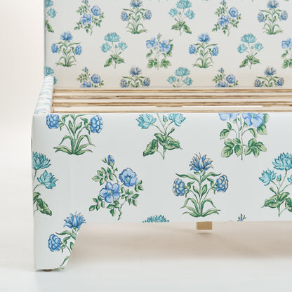 65”H Queen Upholstered Platform Bed - Fabricut Floral Fabric - Sky Blue Trim