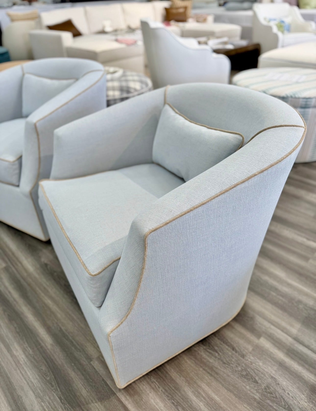 Custom Swivel Chair -  Performance Crypton Fabric in Light Blue - Mushroom Trim