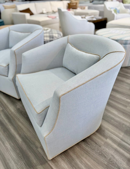 Custom Swivel Chair -  Performance Crypton Fabric in Light Blue - Mushroom Trim