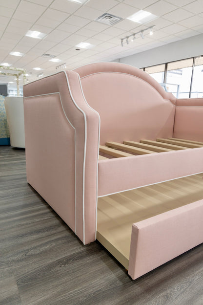 The Grace Twin Trundle Daybed - Pink Linen Fabric - White Trim