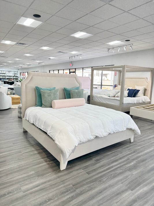 65" H King Platform Bed - Upholstered Legs - Sand Woven Fabric - Self Welted