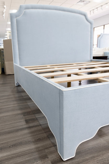 The Aliana King Bed - Scalloped Legs - Sky Blue Woven Fabric with White Trim