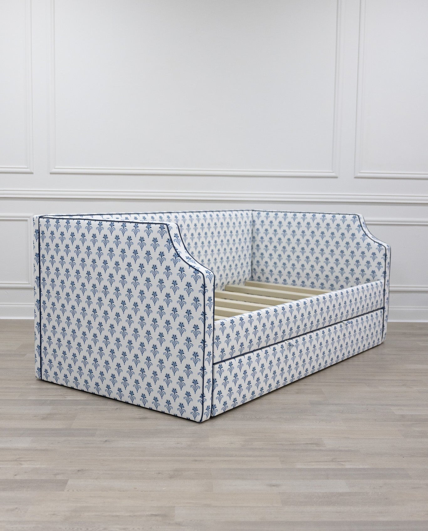 The Addison Twin Trundle Daybed - Lobelia Blues Fabric - Navy Trim