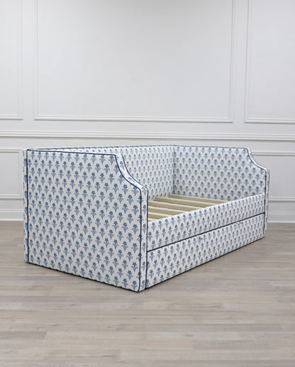 The Addison Twin Trundle Daybed - Lobelia Blues Fabric - Navy Trim