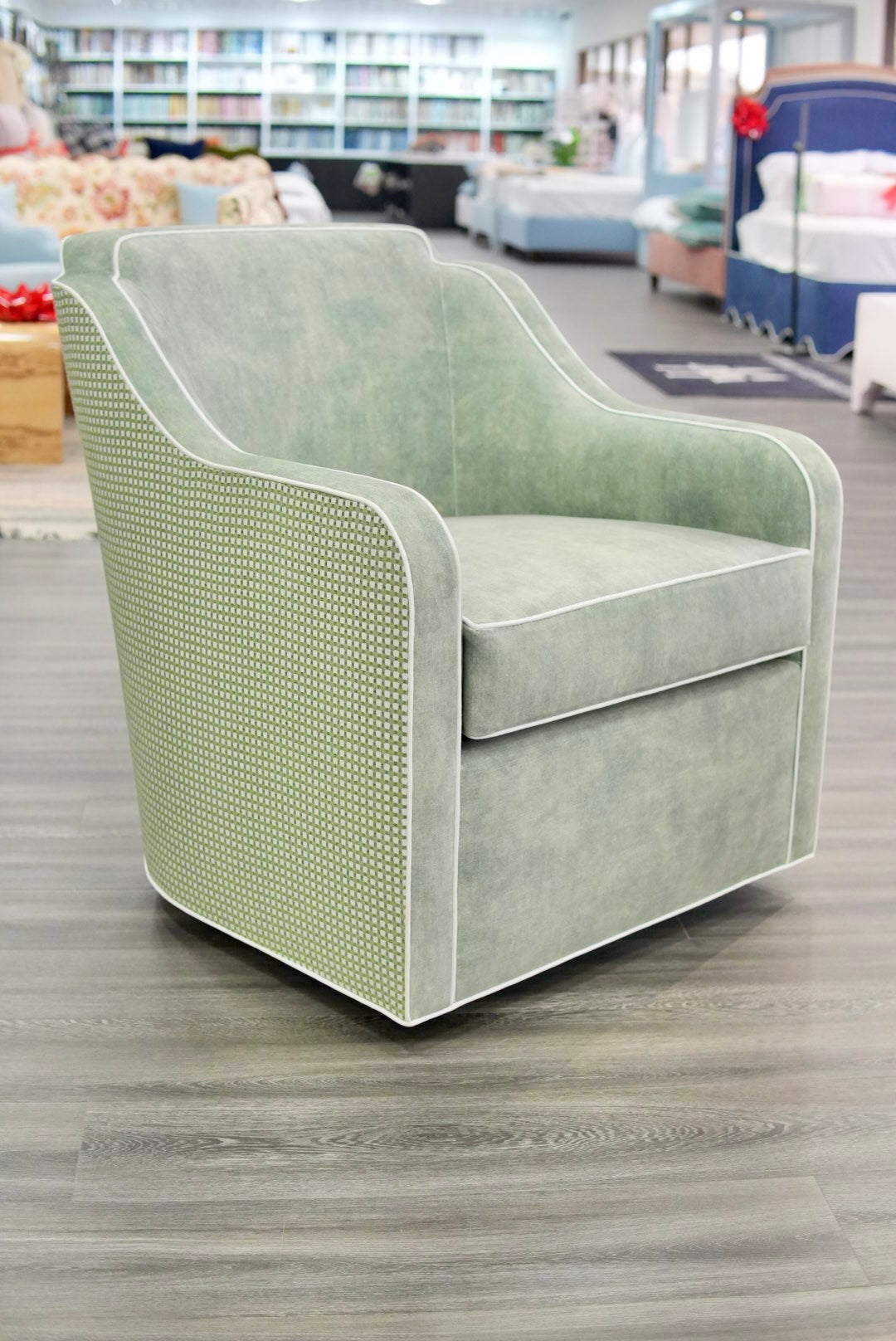 Custom Rachel Scalloped Swivel Chair: Thibaut Darcy Fabric