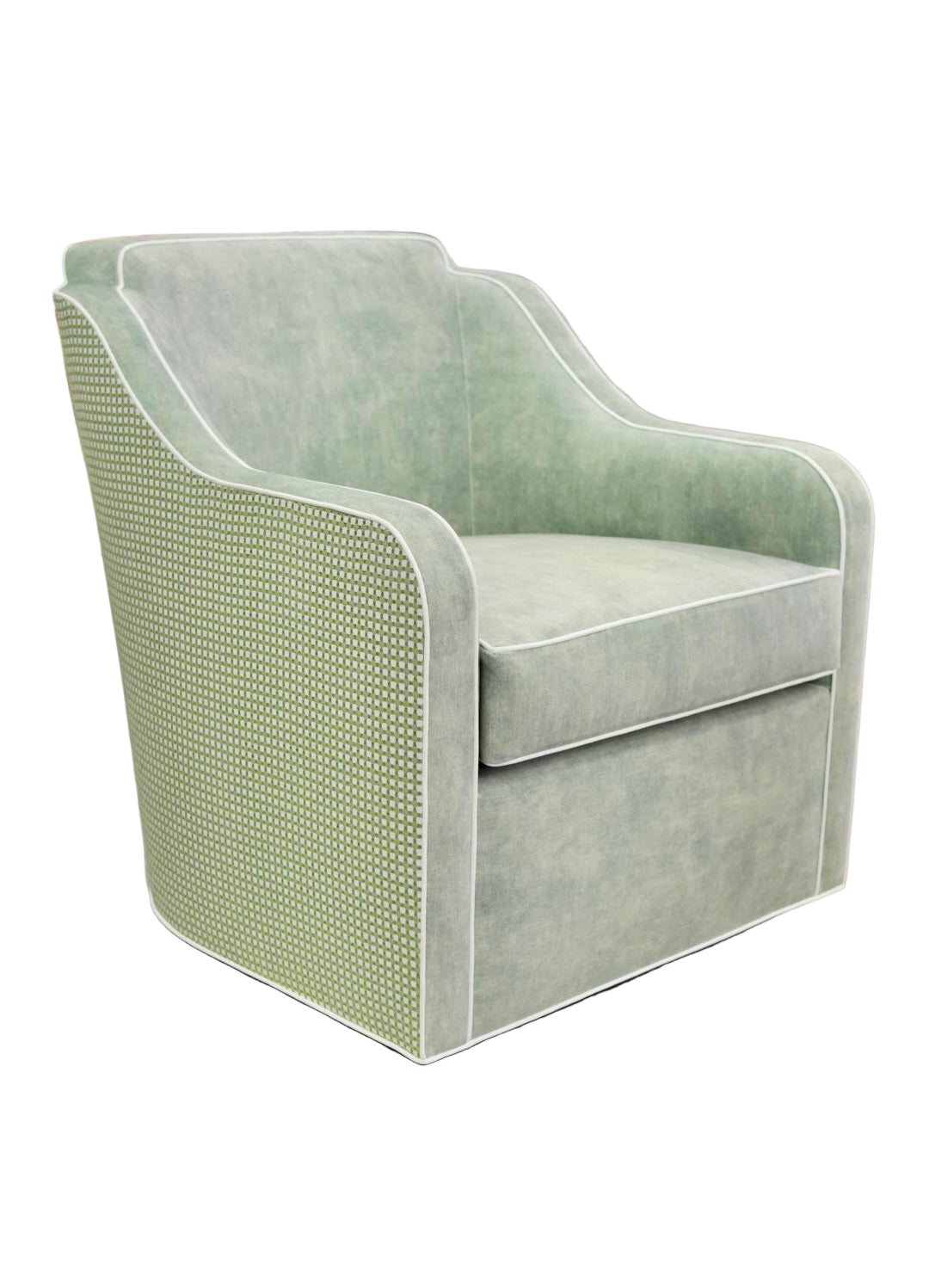 Custom Rachel Scalloped Swivel Chair: Thibaut Darcy Fabric