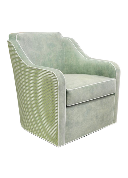 Custom Rachel Scalloped Swivel Chair: Thibaut Darcy Fabric