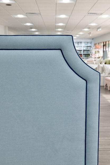The Addison King Bed - Upholstered Legs - Sky Blue Woven Fabric with Navy Trim