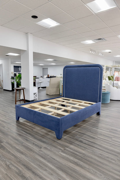 The Lorraine Queen Platform Bed in Navy Woven Fabric - White Trim