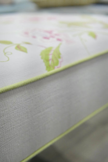 Custom Upholstered Bench in Floral Fabric - Pear Green Trim