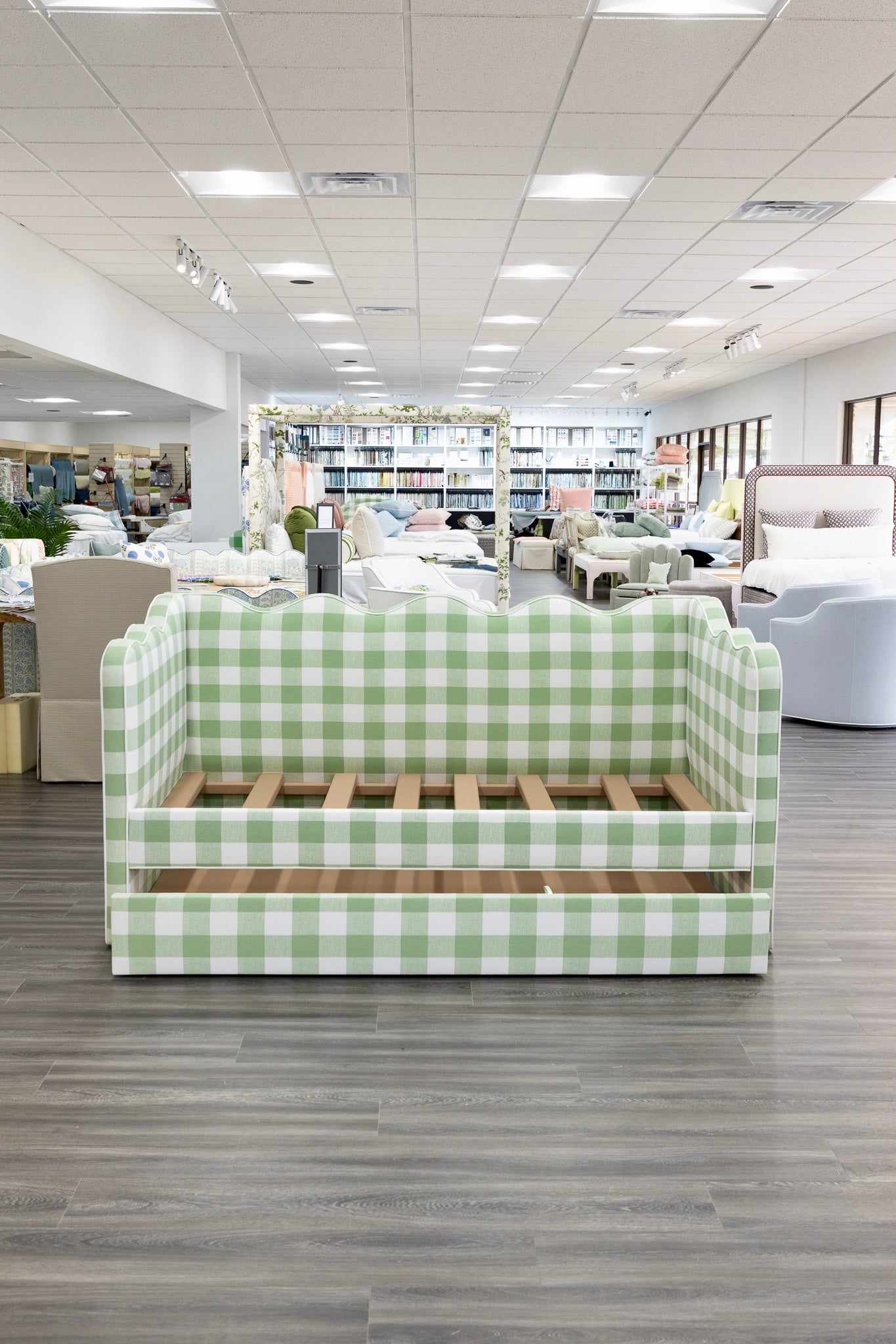 The Waverly Twin Trundle Daybed - Scalloped - Buffalo Sage Green Fabric - White Trim