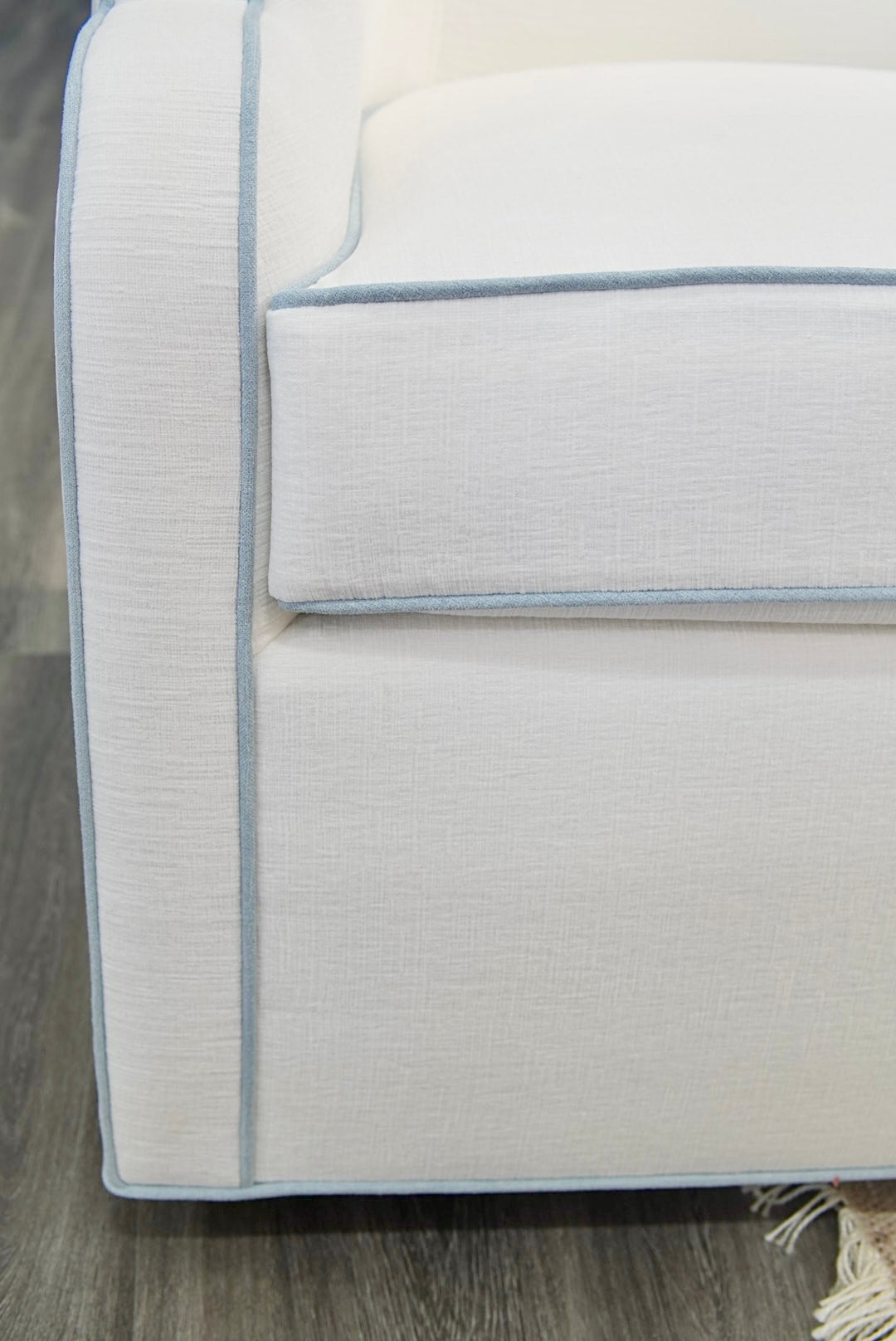 Custom Scalloped Swivel Chair: White Performance Fabric - Sky Blue Trim