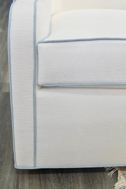 Custom Scalloped Swivel Chair: White Performance Fabric - Sky Blue Trim