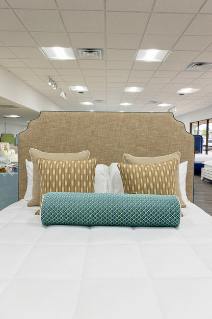 The Helena King Bed - Scalloped Legs - Performance Brown Linen Fabric - Blue Trim