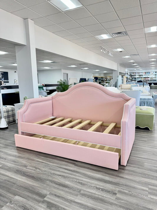 Twin Trundle Daybed - Pink Linen Fabric with White Trim