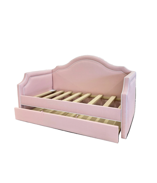 Twin Trundle Daybed - Pink Linen Fabric with White Trim