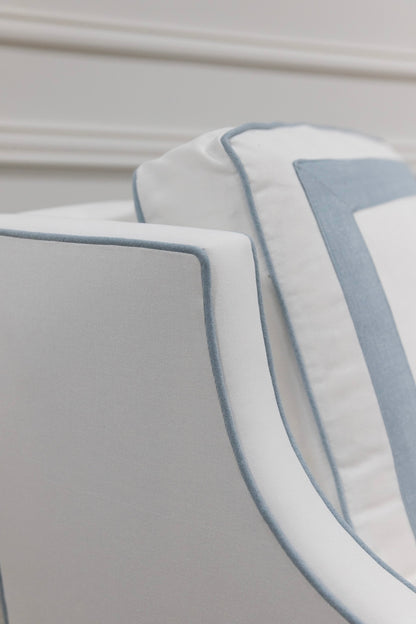 The Camille Glider Chair
– White Linen with Sky Blue Trim