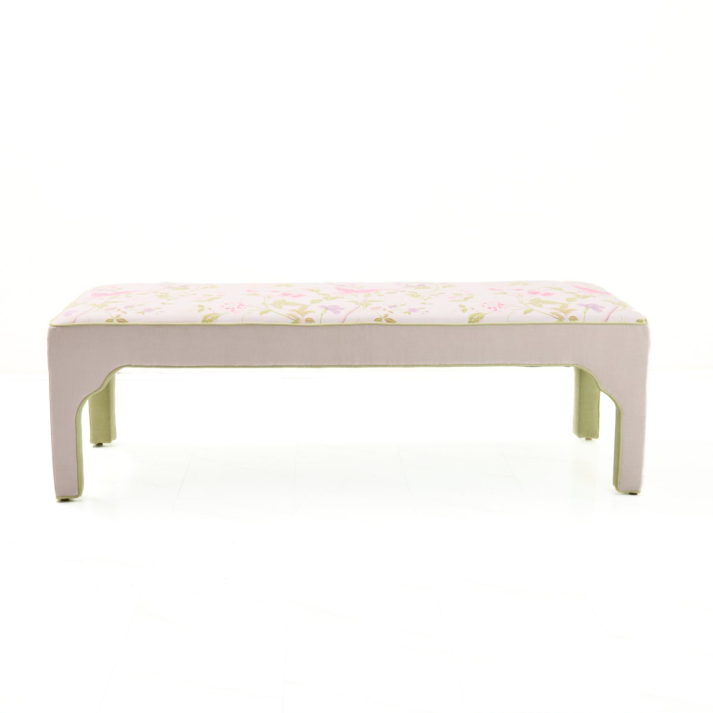 Custom Upholstered Bench in Floral Fabric - Pear Green Trim