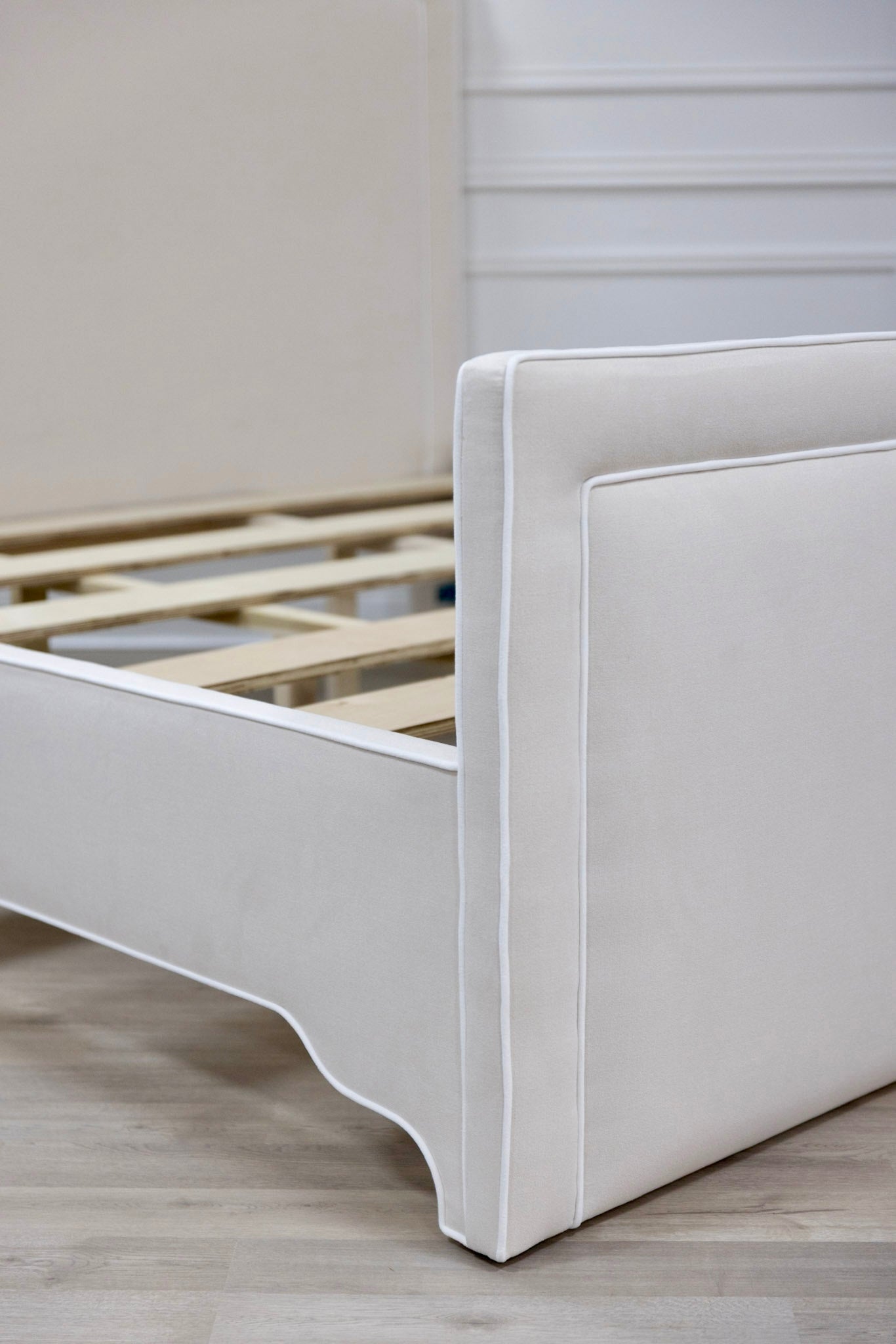 The Lilliane King Bed - Upholstered Footboard - Oatmeal Woven Fabric - White Trim