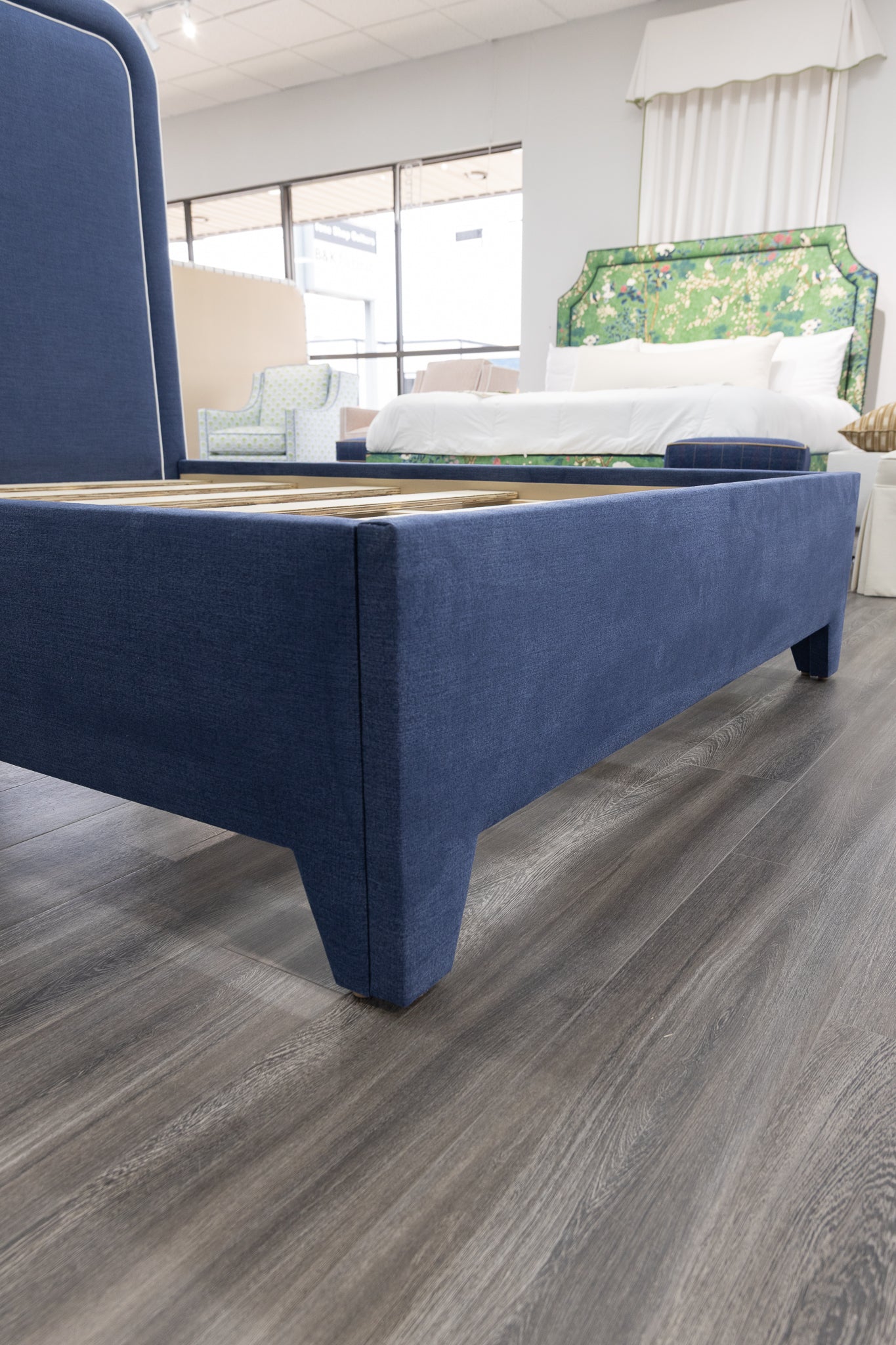The Lorraine Queen Platform Bed in Navy Woven Fabric - White Trim