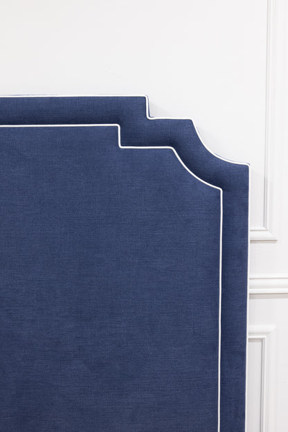 The Martha King Bed - Upholstered Legs - Navy Blue Woven Fabric - White Trim