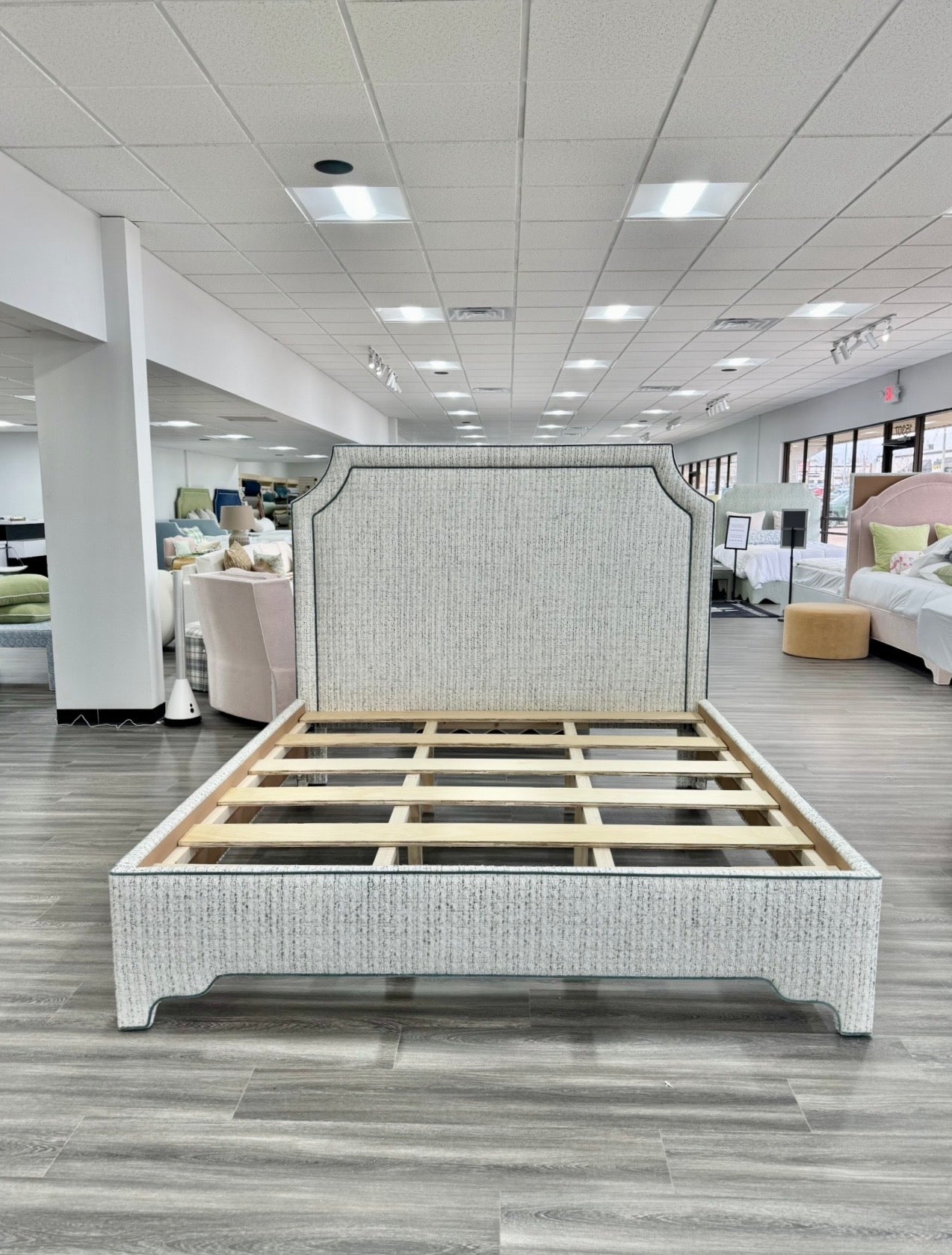 65" H King Platform Bed - Scalloped Legs - Textured Kravet Fabric- Teal Trim