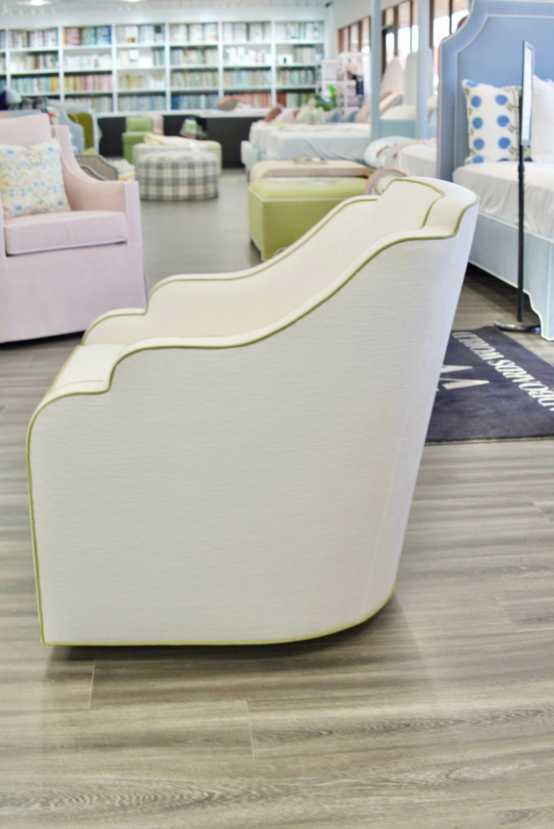 Custom Scalloped Swivel Chair: White Performance Fabric - Pistachio Green Trim