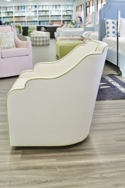 Custom Scalloped Swivel Chair: White Performance Fabric - Pistachio Green Trim