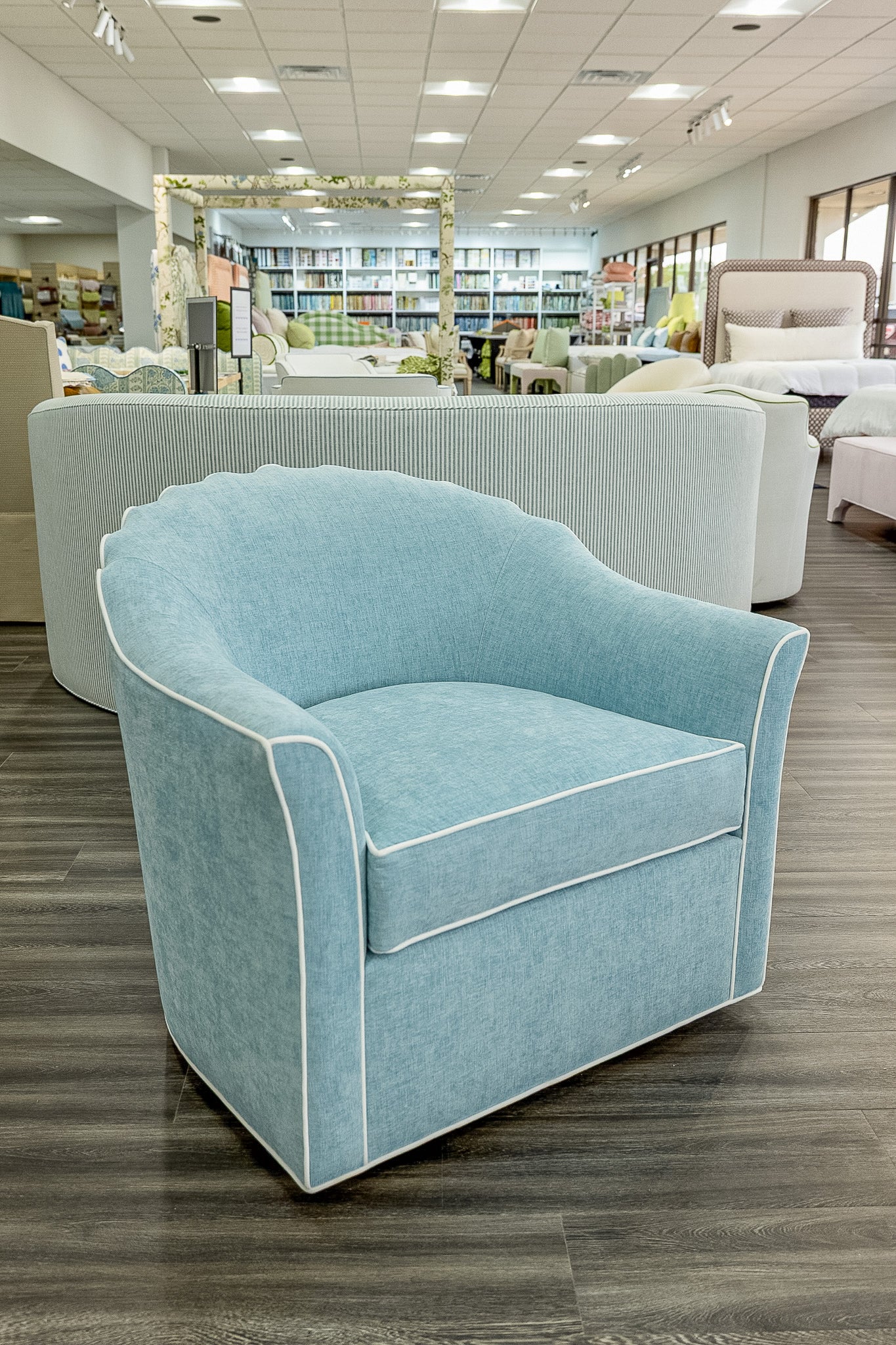 The Teresa Swivel Chair: Seafoam Blue Performance Fabric - White Trim