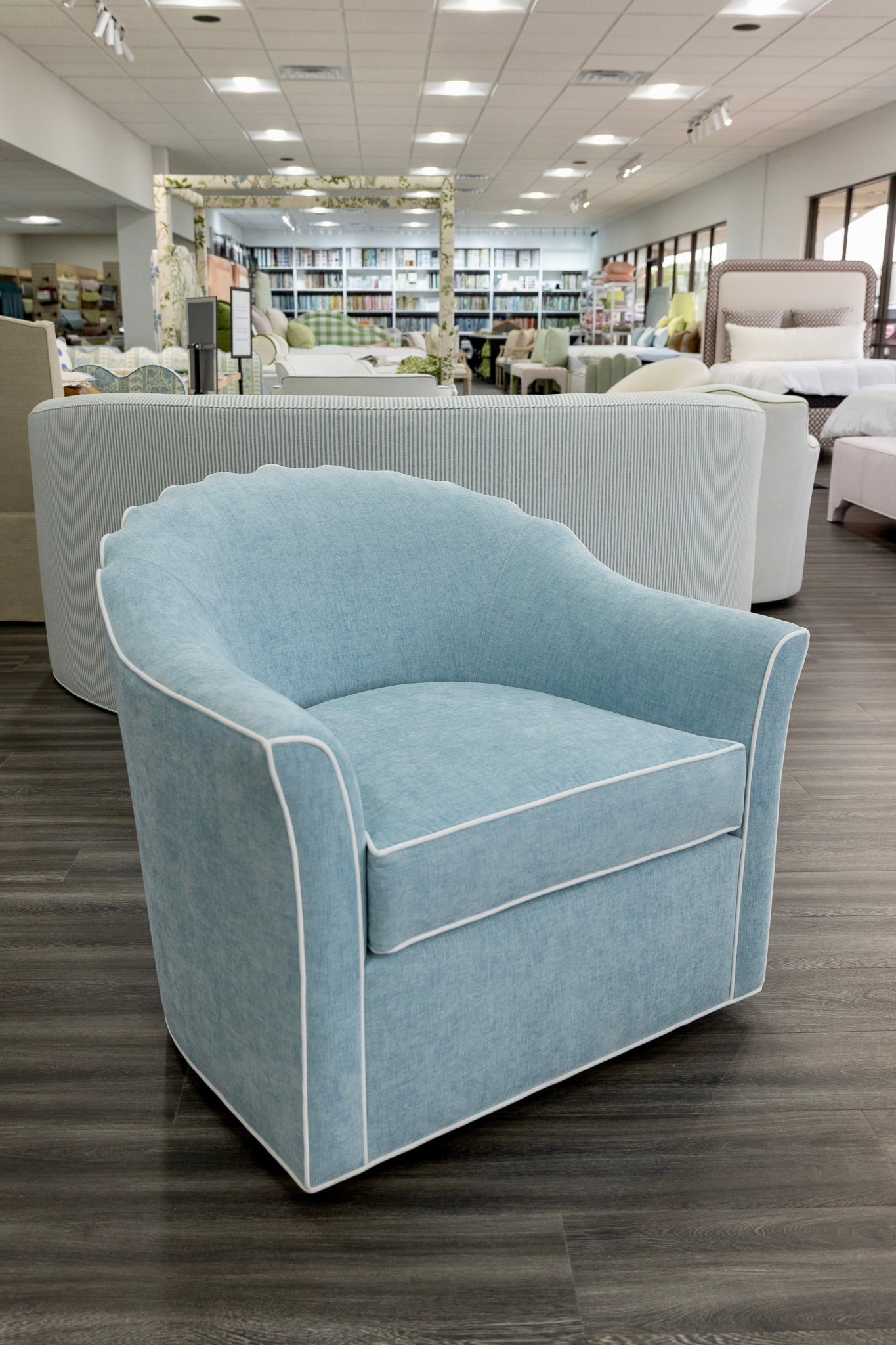 The Teresa Swivel Chair: Seafoam Blue Performance Fabric - White Trim