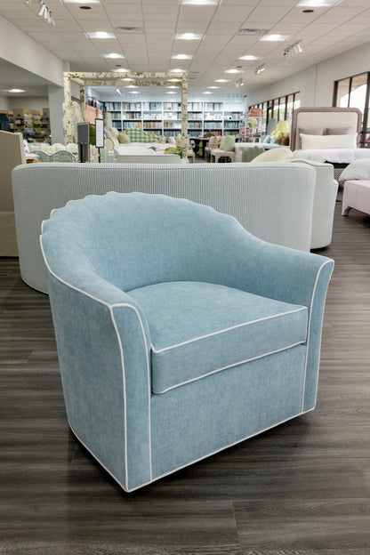 The Teresa Swivel Chair: Seafoam Blue Performance Fabric - White Trim