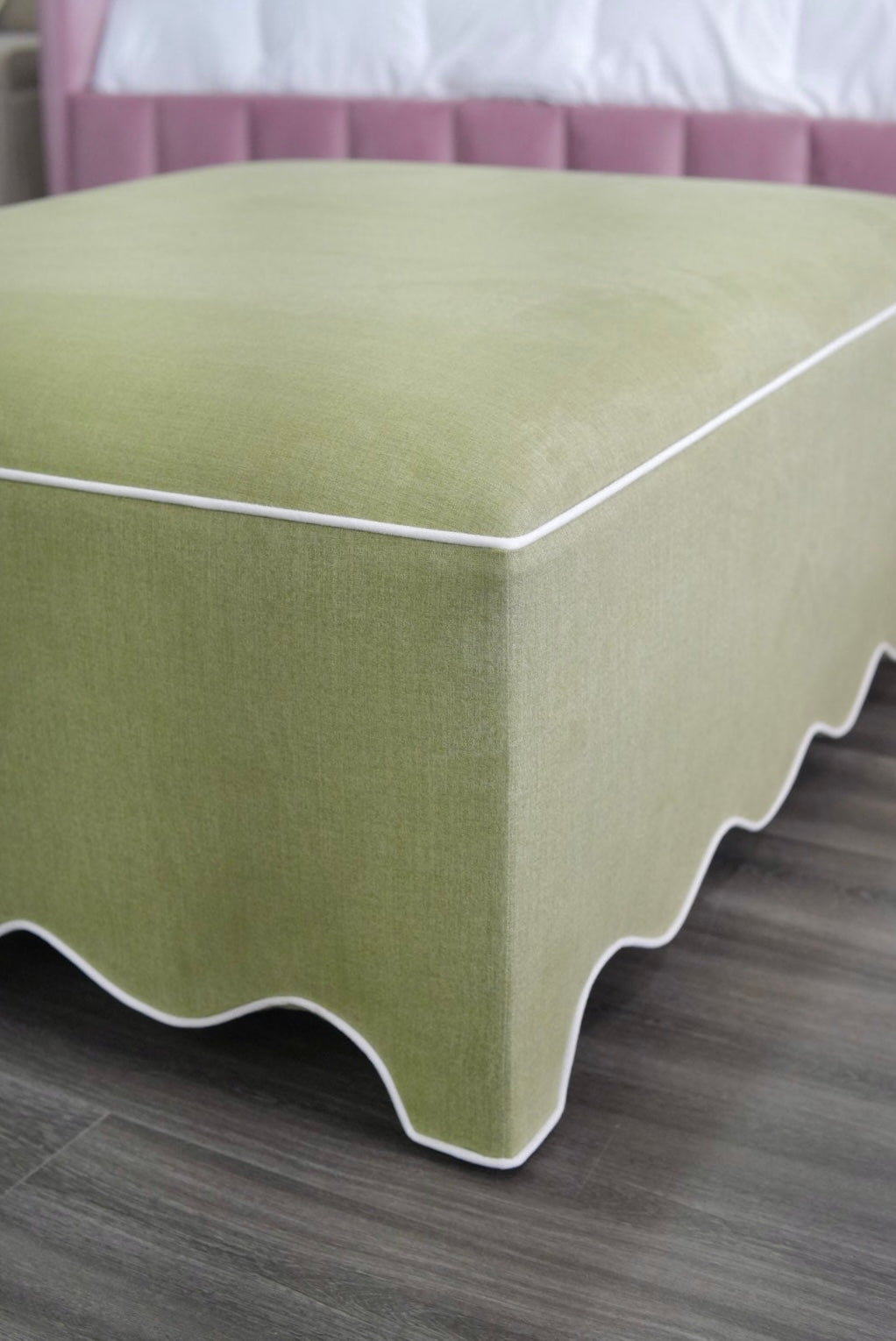 Scalloped Ottoman / Coffee table in Pistachio Green Woven Fabric - White Trim