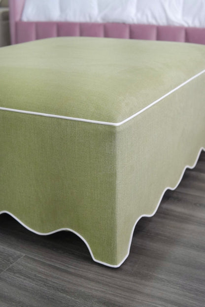 Scalloped Ottoman / Coffee table in Pistachio Green Woven Fabric - White Trim