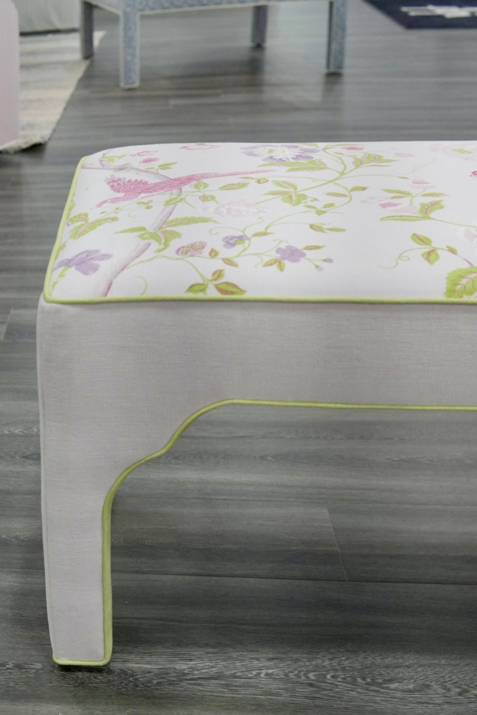 Custom Upholstered Bench in Floral Fabric - Pear Green Trim