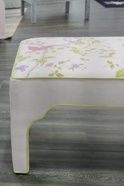 Custom Upholstered Bench in Floral Fabric - Pear Green Trim