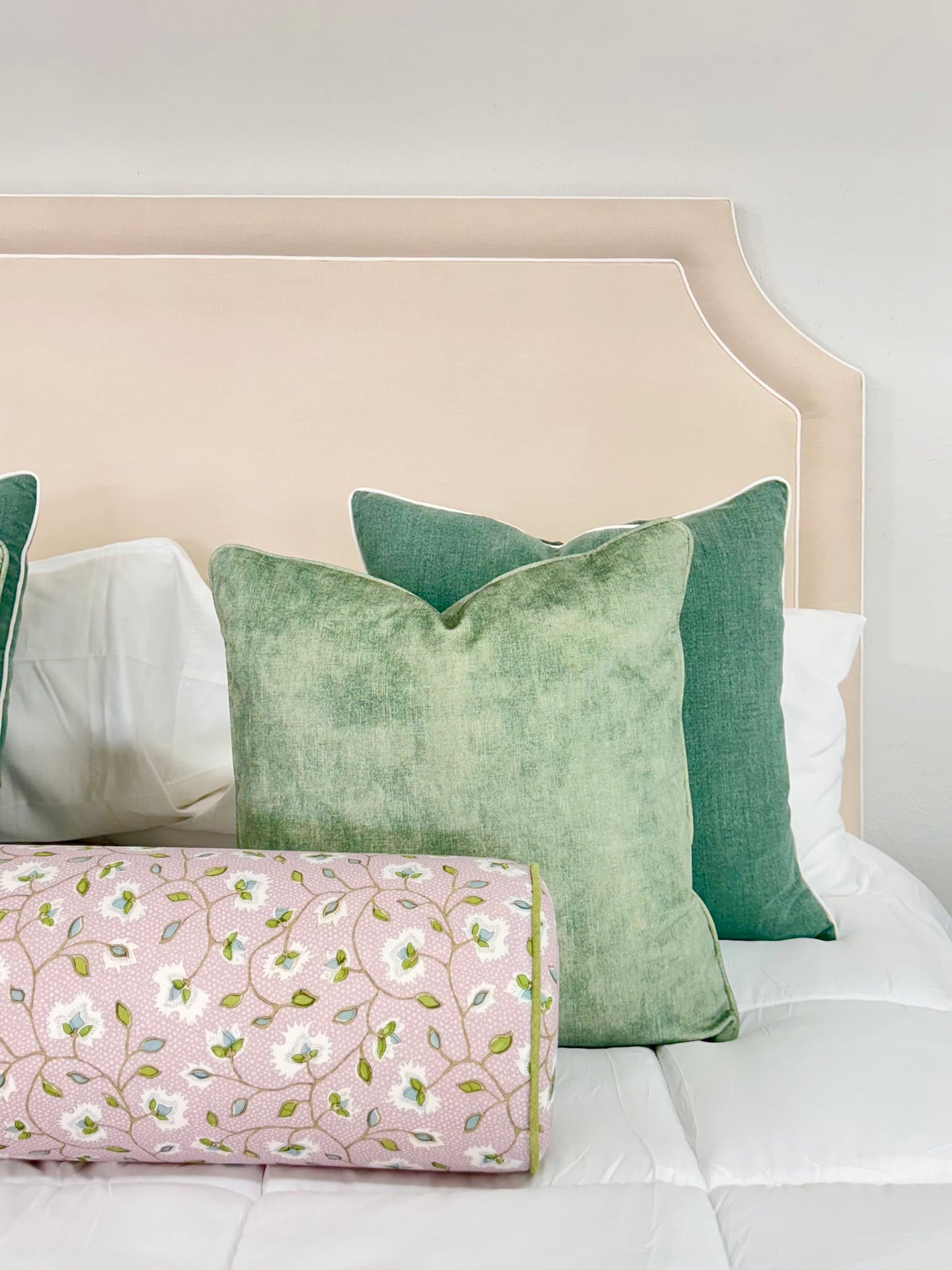 65"H King Upholstered Platform Bed - Scalloped Legs - Oatmeal Woven Fabric - White Trim